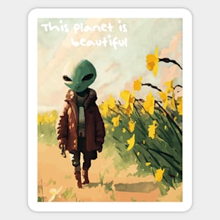 Alien walking through a vast field of yellow daffodils 2 Sticker